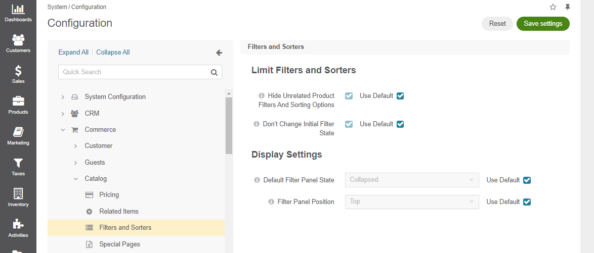 Filters and Sorters global configuration settings