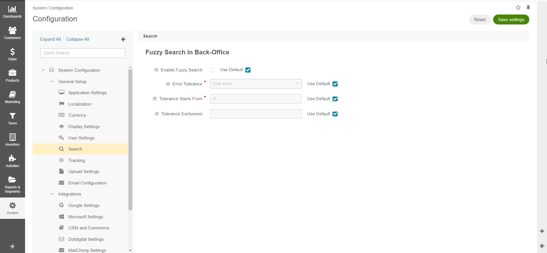 Back-office fuzzy search configuration options
