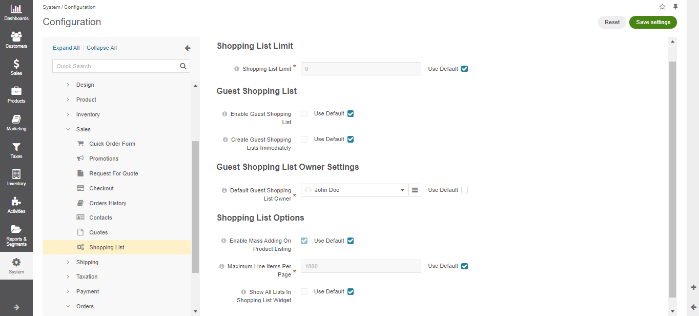 Global shopping list configuration settings
