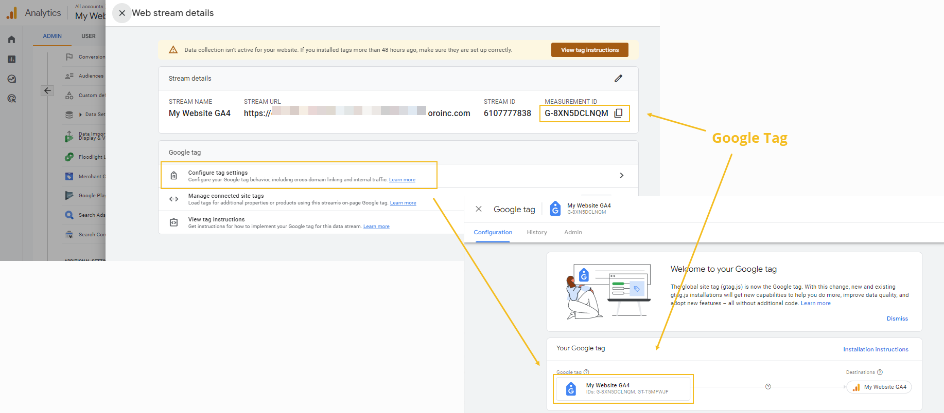 Highlighting the data stream's measurement ID and a google tag