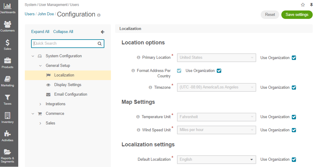 Localization options available on the user level