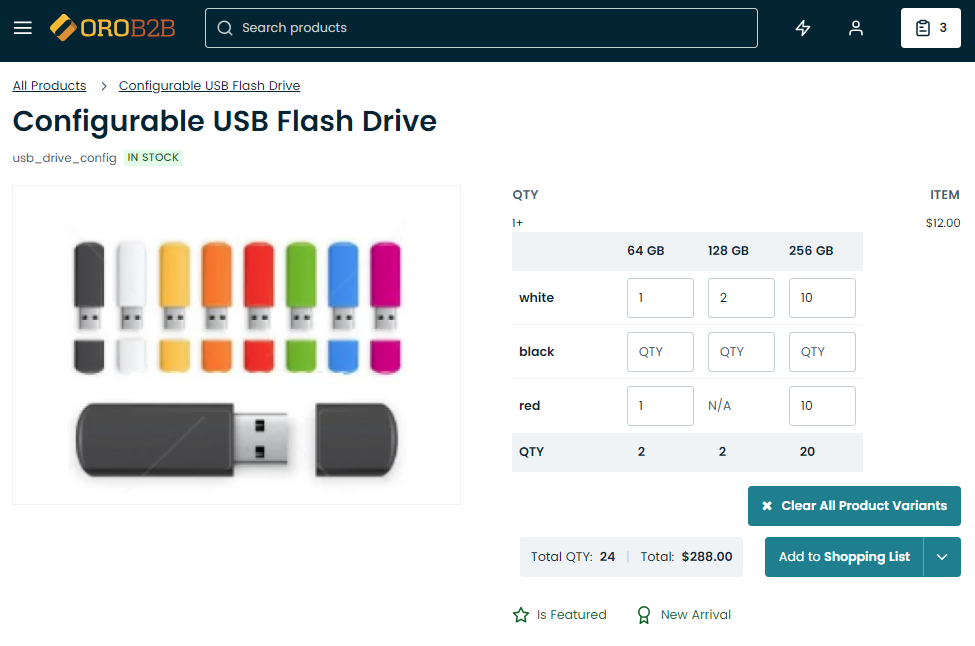 Matrix form in the storefront illustrating variations of a usb drive