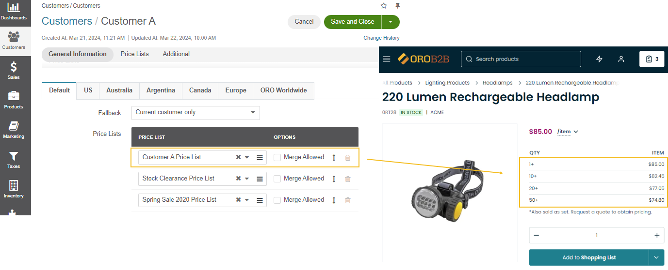 View all prices per tier for the lumen headlamp provided that the Customer A PL is prioritized