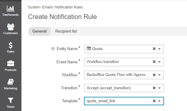 A notification rule creation form with workflow transition selected for the event name