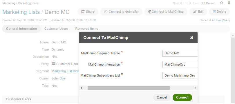 Map contents of an Oro marketing list to use a segment of the subscribers' list in Mailchimp