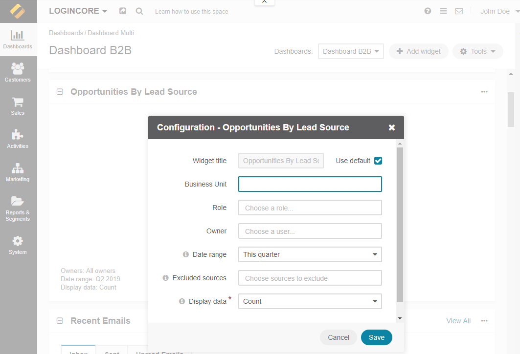 Configuring the Opportunities by Lead Source widget