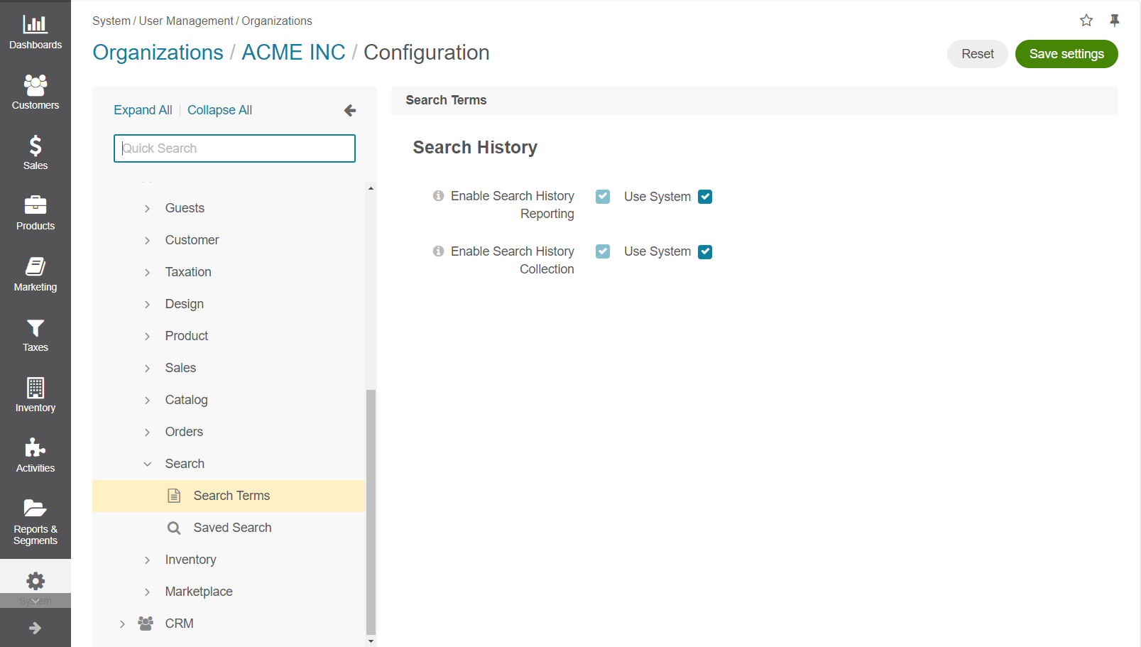 Search history configuration options per organization