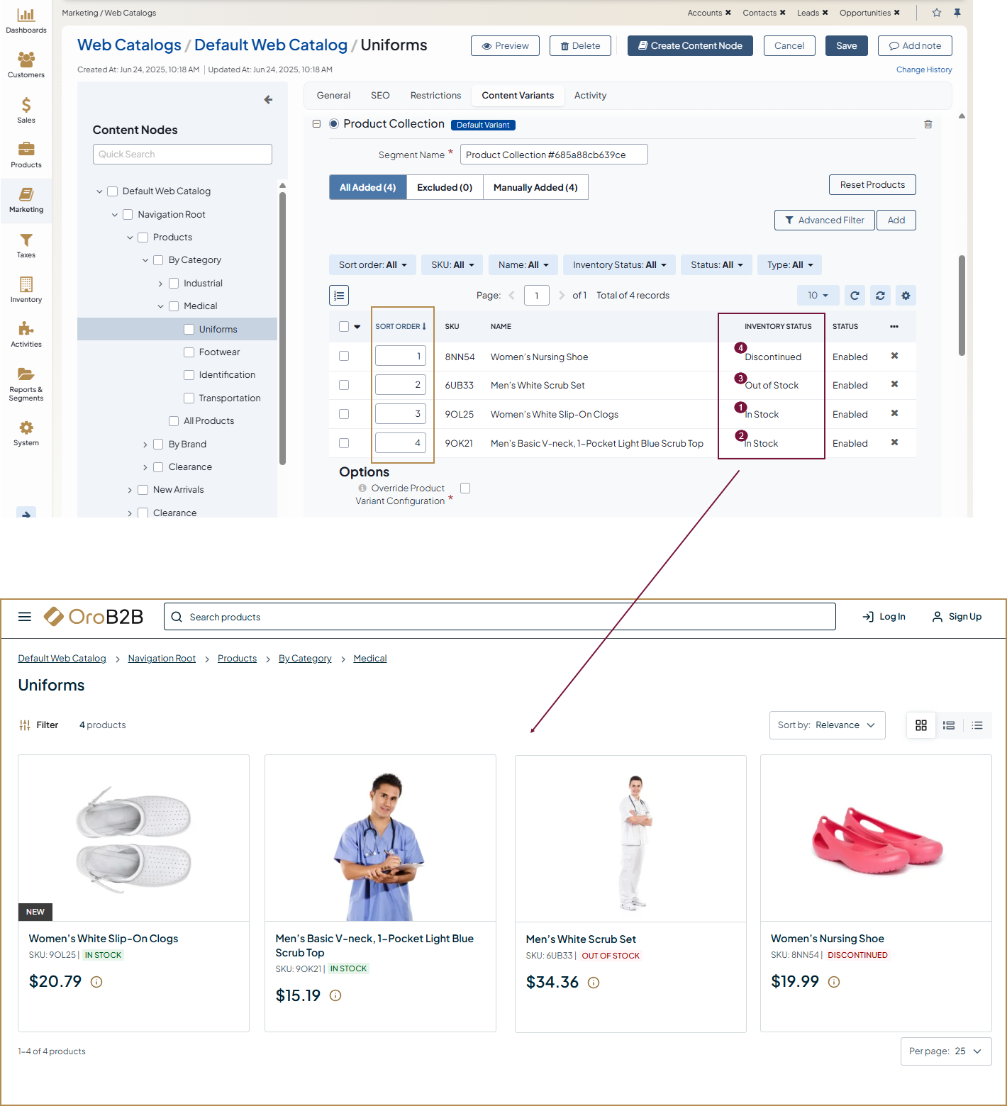The web catalog content node details page with the assigned product collection and the storefront page that reflects the enabled sorting behavior