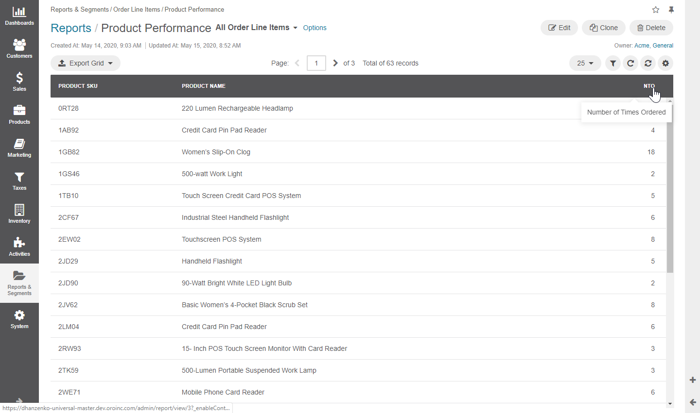 Product performance report grid
