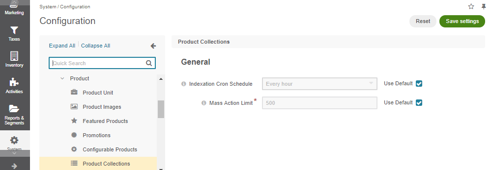 Global product collection configuration settings
