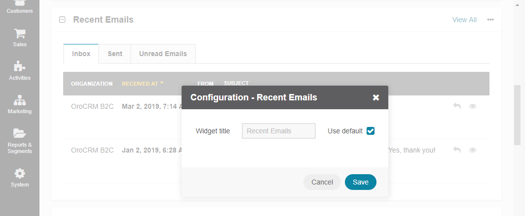 Configuring the Recent Emails widget
