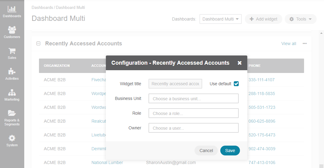 Configuring the Recently Accessed Accounts widget