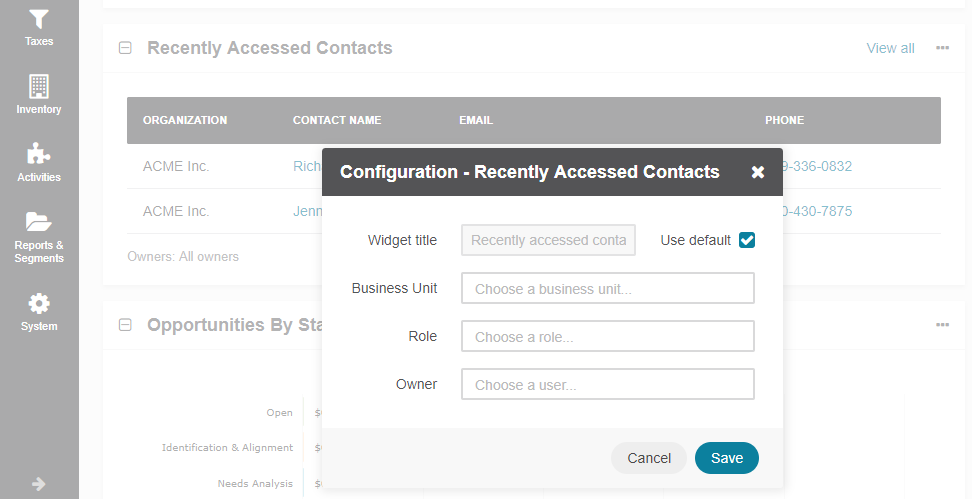 Configuring the Recently Accessed Contacts widget