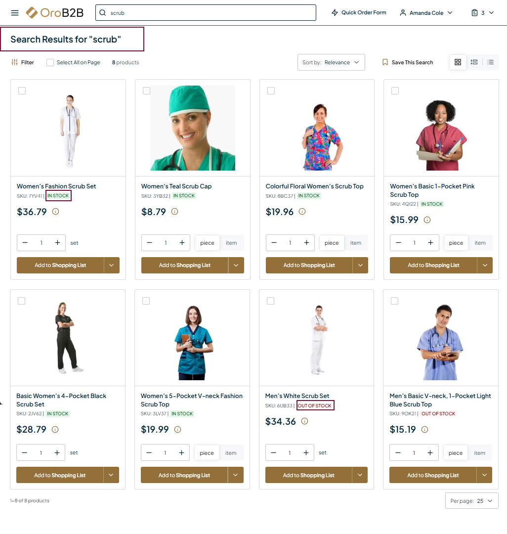 The storefront page that reflects the enabled sorting behavior, where the products with higher-priority status *In Stock* appear first