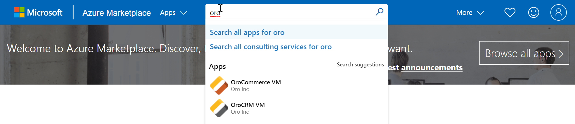 OroCRM VM or OroCommerce VM in Azure Marketplace search dropdown