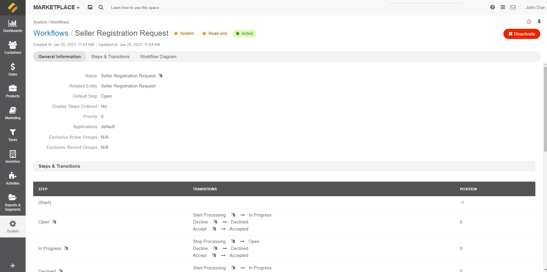 The view page of the seller registration request workflow