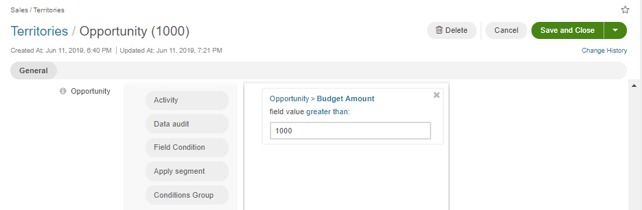 Display the filter condition configured for the opportunity entity that would search only the records that have the budget amount higher than $1000.