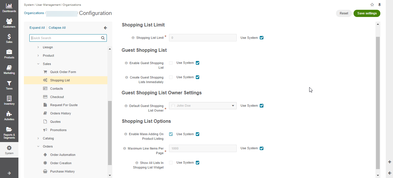 Shopping list configuration per organization