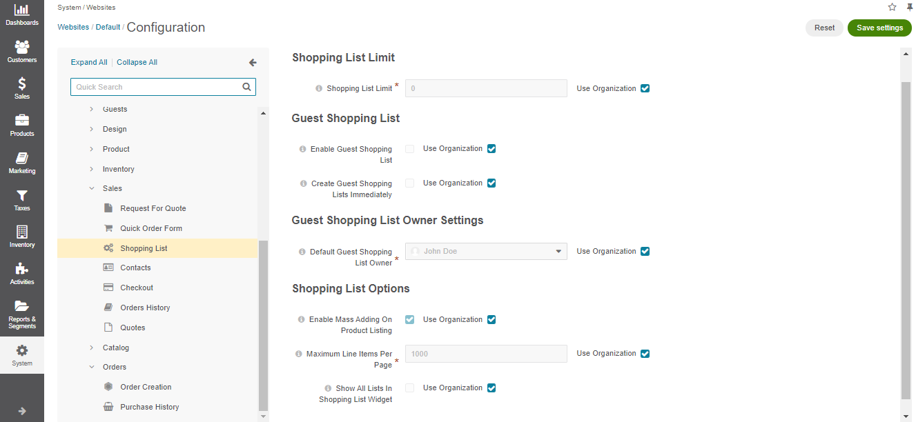 Shopping list configuration per website