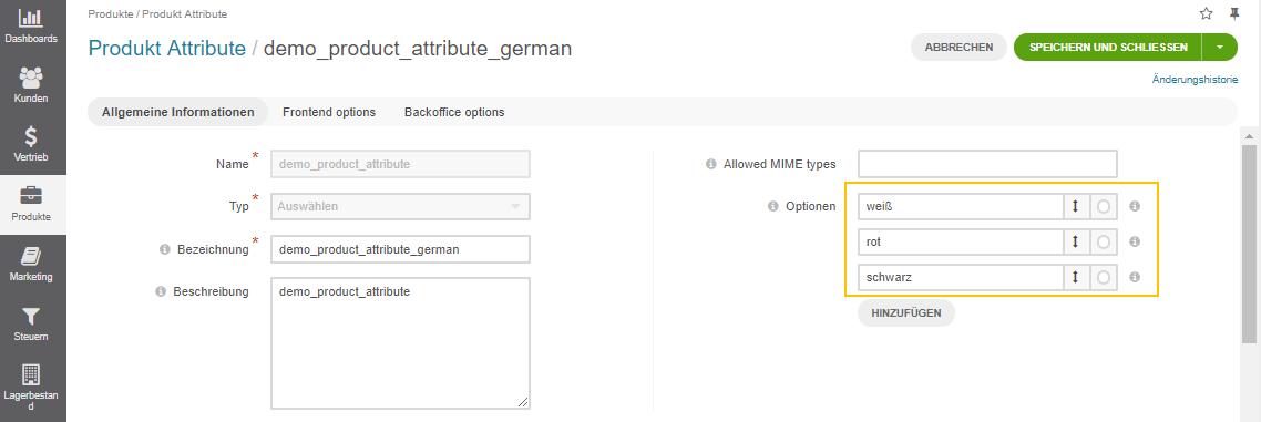 Translating the attribute options to German