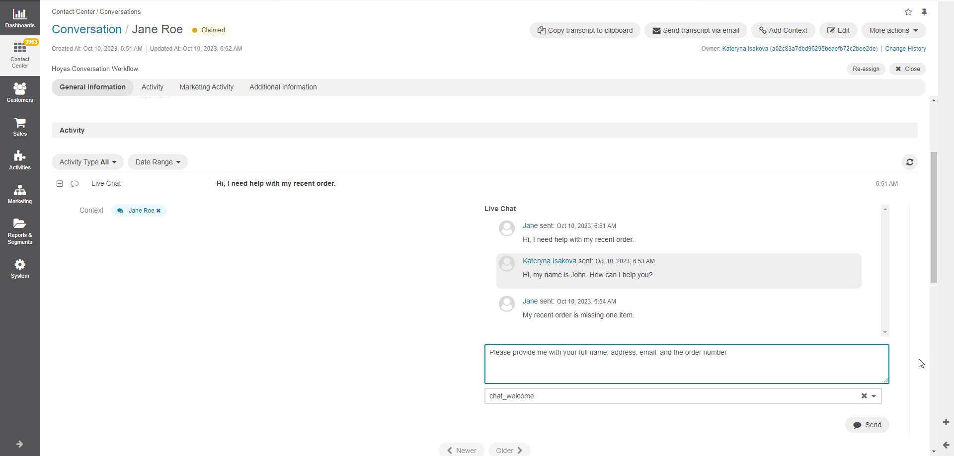 Live chat functionality in the Oro back-office