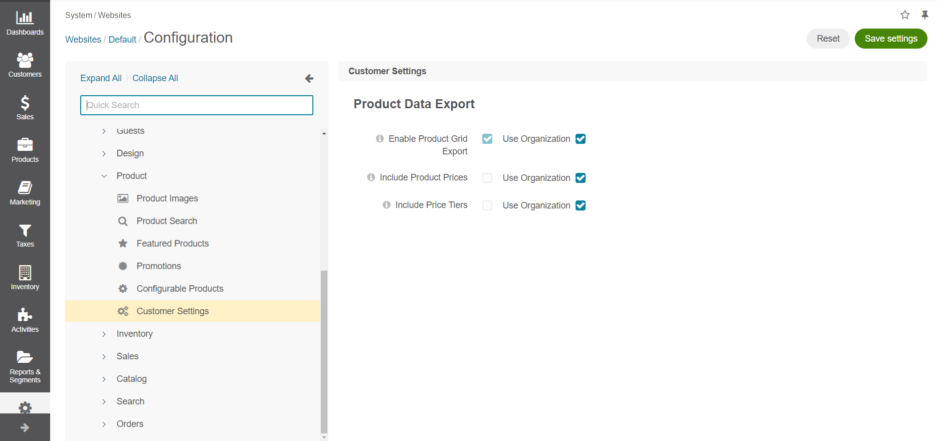 Product data export configuration options on website level
