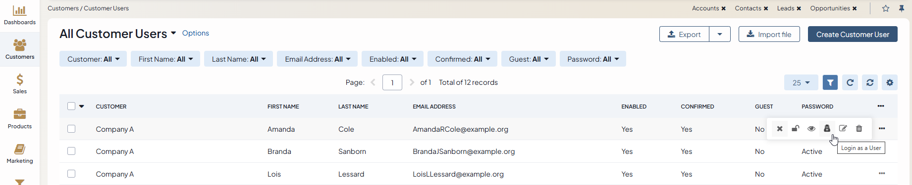 Impersonating a customer user from the customer user grid