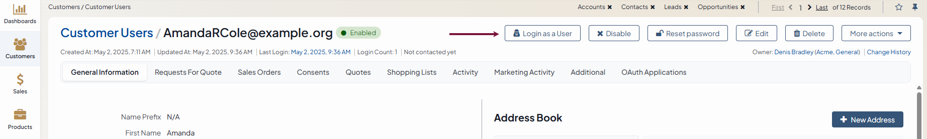 Impersonating a customer user from the customer user view page